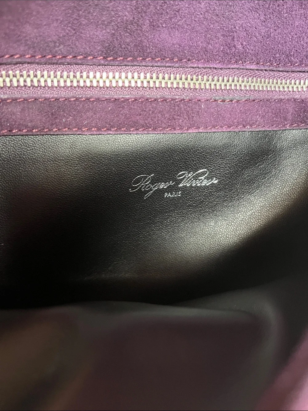 Roger Vivier Suede clutch w/Croc detail.   Loved and worn w/lots more life.